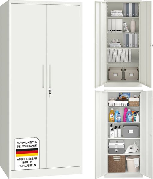 STEELSØN 'Regulus' Aktenschrank, Metall, weiß, 175x40x80 cm, abschließbar, Metallschrank mit 5 Fächern, geeignet als Werkzeugschrank