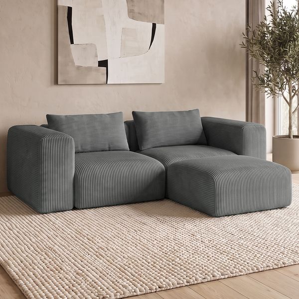 skølm 'Hårga' Sofa 2-Sitzer mit Hocker & 2 Kissen, Vollschaumcouch mit Federkern und Vakuum-Kompression, kein Aufbau erforderlich, Cord dunkelgrau
