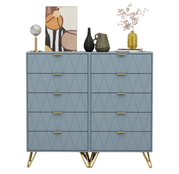 UEV Kommode mit 5 Schubladen, Highboard, Schmal Beistellschrank (Mehrzweckschrank für Wohnzimmer Schlafzimmer Büro Flur, Sideboard mit Schubladen weiß/schwarz/dunkel blau/graublau), 60x34x110cm, Schubladenschrank, Aufbewahrungsschrank, mit Kisppschutz
