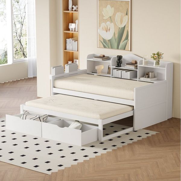 MODFU Kinderbett Schlafsofa aus Holz mit Ausziehbett (Bettsofa mit 2 Schubladen, Ablagefächern und seitlichem Korb, 90x200 cm), ohne Matratze