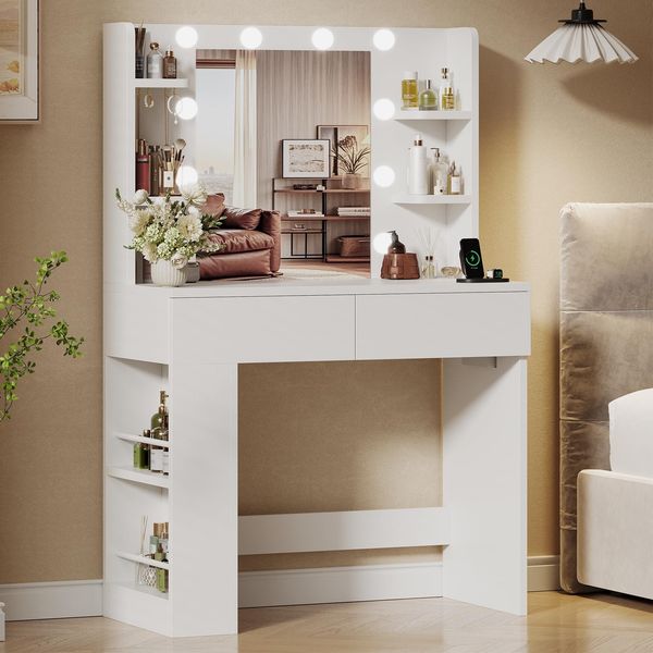 JUMMICO Schminktisch Frisiertisch mit Beleuchtung und Spiegel 55x45 cm, Moderner Makeup Table mit Steckdose & USB-Ports, 3 Farbmodi, 2 Schubladen & Verstellbarem Seitenkasten, für Schlafzimmer, Weiß