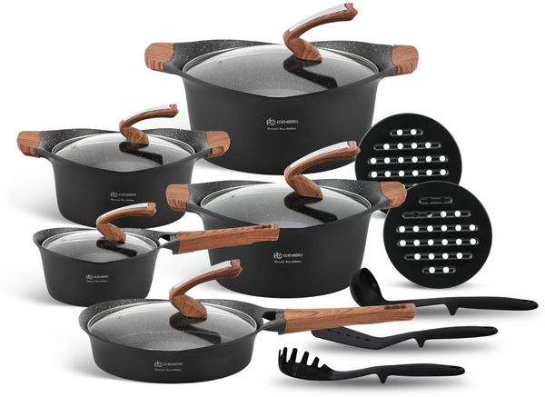 Edenberg Topf-Set Modernes Topfset, schwarze Töpfe, braune Griffe, Pfanne, Kasserolle, Aluminium, Keramik (Sehr hohe Qualität, 15-tlg, Zeitloses Design des Topfsets. Eine ideale Geschenkidee)