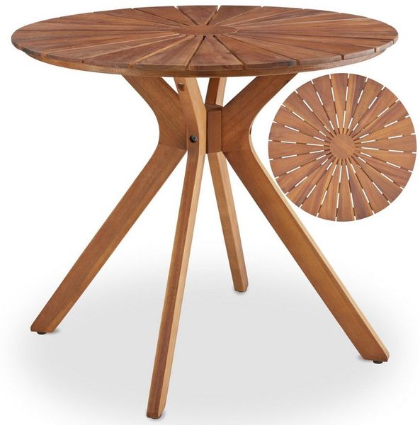 tectake Gartentisch runder outdoor Esstisch aus massivem Akazienholz, 70 x 70 x 62 cm (Terrassentisch Pollensa, 1-St, in braun), Tischplatte mit Sonnenmuster, höhenverstellbare Füße, wetterfest