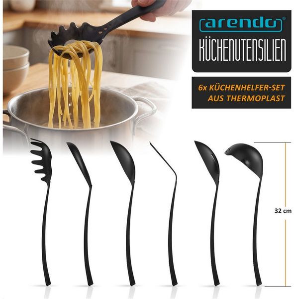 Arendo Kochbesteck-Set Küchenhelfer 6er Set, spülmaschinenfest, kratzfrei & lebensmittelecht (Set, 6-tlg, robuste Suppenkelle, Pasta-, Schaum-, Seih- & Servierlöffel, Wender), Küchenutensilien für beschichtete Pfannen & Töpfe, hitzebeständig