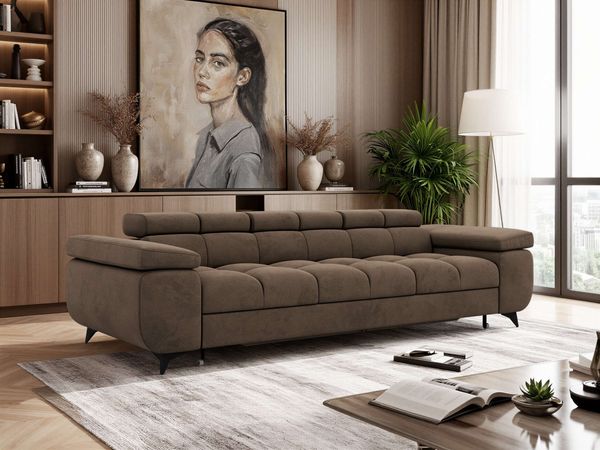 Sofa NIDELLA, 3-Sitzer Sofa mit Schlaffunktion, Wellenfeder, Polstersofa mit Armlehnen und schwarze Beine - Braun Velvet