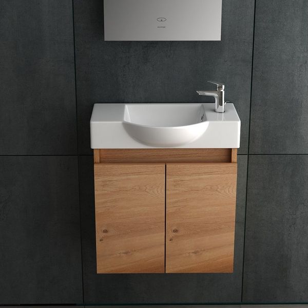 Alpenberger Badezimmer-Set in Bamboo Optik 55cm Breit - Hängeschrank mit Keramik Waschbecken, (Komplett-Set Modern, 2-St, Handwaschbecken mit Badschrank), Waschbeckenunterschrank Vormontiert mit Soft-Close