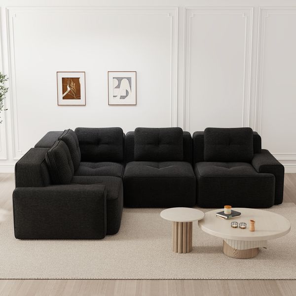 Ecksofa aus Cord, modulares Design, 382x104x69 cm, schwarz, ohne Aufbau
