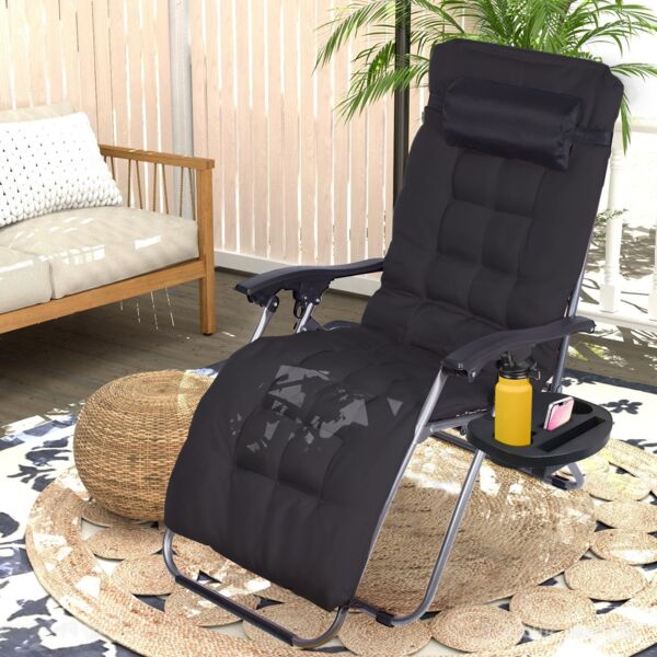 Todeco Liegestuhl klappbar mit abnehmbarem Auflage-Polster, 2 in 1 Sonnenstuhl mit Kopfkissen, Getränkehalter, Verstellbar Rückenlehne, Strandliegestuhl leicht für Camping Garten Strand Pool, Schwarz