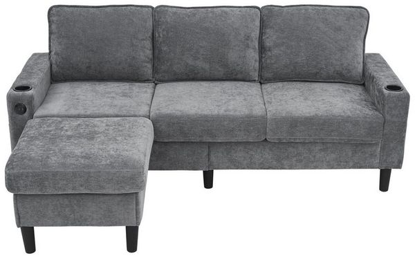 Merax Schlafsofa 3-Sitzer-Sofa mit USB & Typ-C-Anschlüssen, 202*137*80cm 1 Teile, L-förmiges Schlafsofa mit Getränkehaltern & Hocker, Leinen Polstersofa