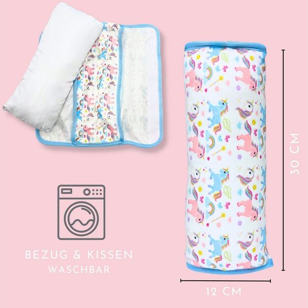 HECKBO Schlafkissen Auto Schlafkissen Einhorn Motiv für Kinder Mädchen Jungen - maschinenwaschbar – kuschelweich - Auto Gurtkissen, Gurtschoner, Gurtschutz Sitzerhöhung, Auto Kissen, Reisekissen, Urlaub