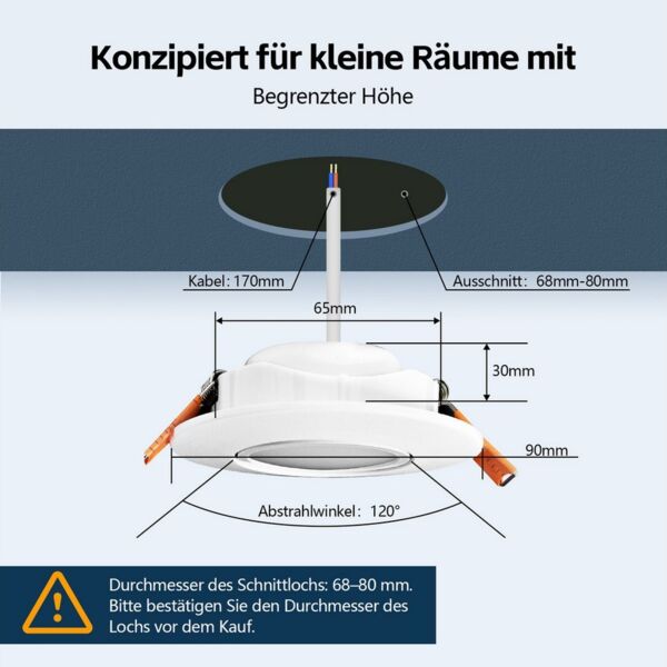 GeyouLux LED Einbaustrahler Dimmbar 68-80mm 4.9W Ultra Flach LED Spots, 45°Schwenkbar, warmweiß, neutralweiß, kaltweiß, Deckenspots, Einbauleuchten Küche Spots Deckenleuchte 6er Set