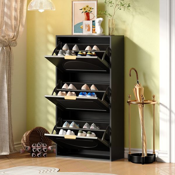 Schuhkipper Schmal mit 3 Klappen, Schuhschrank, Schuhschrank Schuhkommode für Flur Wohnzimmer ,Schwarz, Maße:60 x 24 x 114 cm