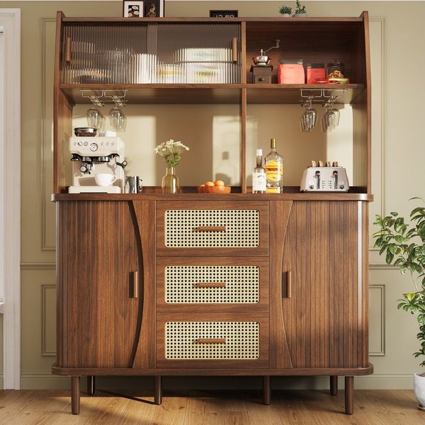 Flieks Küchenbuffet Hochschrank mit Glasschiebetüren und Rattan-Schubladen Holzoptik (140 x 40,5 x 174,5 cm, 1-St, Mehrzweckschrank mit Massivholzbeine) Küchenschrank mit Arbeitsplatte und Gläserhalter Walnussholzfarbe
