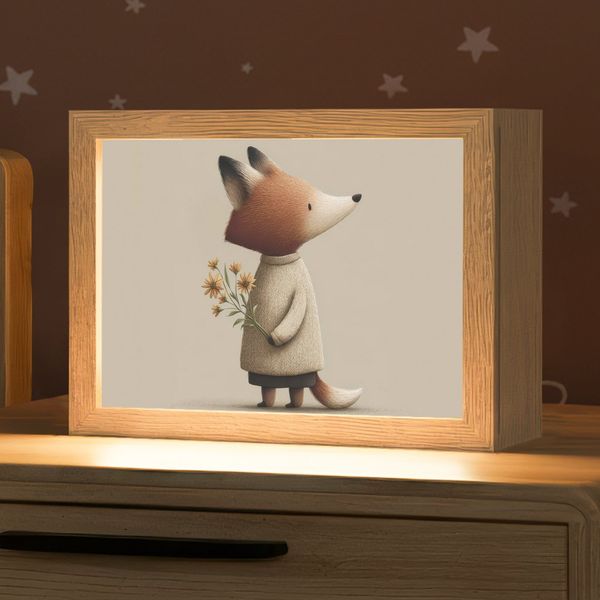 OnlyWow Nachttischlampe Lightbox Fuchs - Gelbe Blumen - Minimalistisch - Jungen, Dimmbar, Farbwechsel, LED, Warmweiß, Kaltweiß, Neutralweiß Einstellbar, Nachtlicht, Kinder- und Babyzimmer, Dimmbar, mit Kabel, Tischleuchte