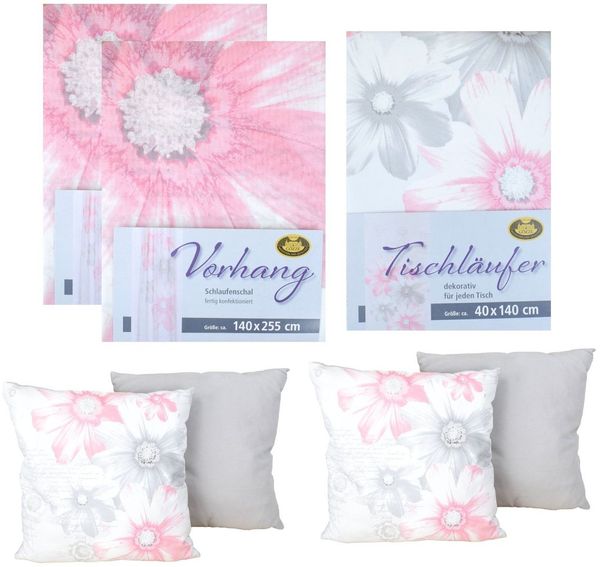 Set aus 2x Kissen 40x40cm, 2x Vorhang & 1x Tischläufer mit Blumenmuster 3 Farben altrosa