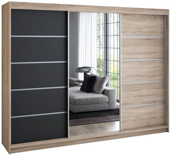 A&J MöbelLand GmbH Schiebetürenschrank VILUNO mit 4 Schubladen und Spiegel (nur für kurze Zeit! TOP ANGEBOT! Geräumiger Schrank mit einer Breite von 200 cm und Spiegel, ideal zur Aufbewahrung von Kleidung und Accessoires. 4 Schubladen und viel Stauraum...