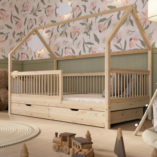 Crazy Pine 'Crazy Folly+' Hausbett mit hohem Rausfallschutz, Holz natur, 100x190 cm, mit Schublade