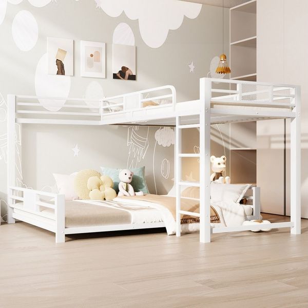 Flieks Etagenbett, L-förmiges Kinderbett Metallbett 90x200+140x200cm