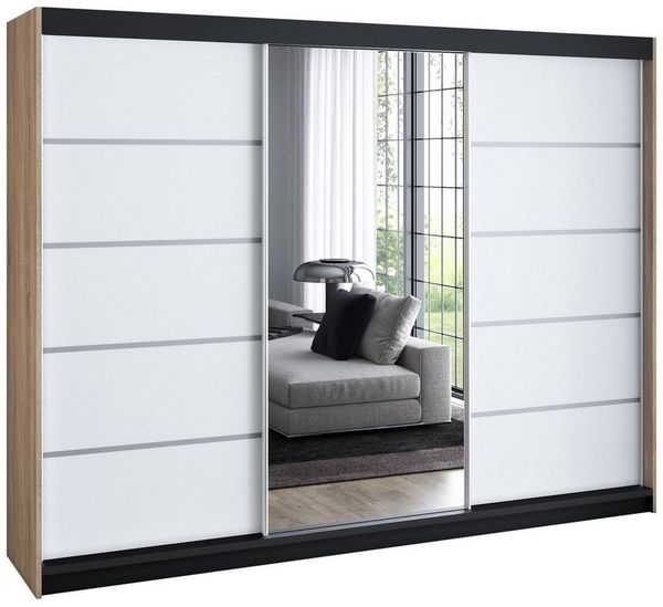 A&J MöbelLand GmbH Schiebetürenschrank VILUNO mit 4 Schubladen und Spiegel (nur für kurze Zeit! TOP ANGEBOT! Geräumiger Schrank mit einer Breite von 200 cm und Spiegel, ideal zur Aufbewahrung von Kleidung und Accessoires. 4 Schubladen und viel Stauraum...