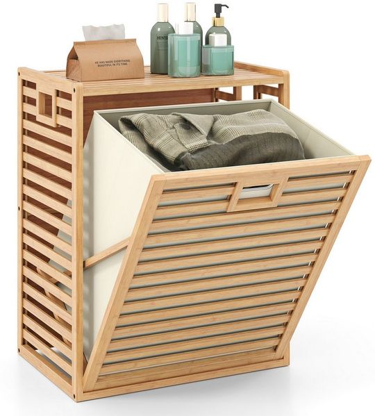 COSTWAY Wäschekorb, 68 L, Badregal Bambus, mit Ablage & klappbarem Korb