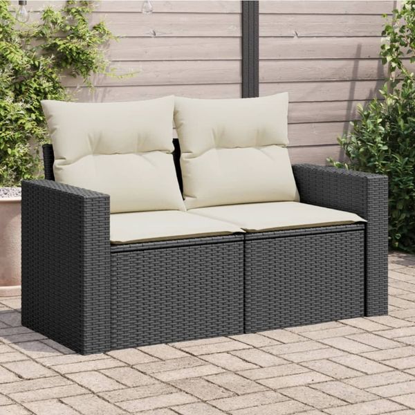 vidaXL Gartensofa mit Kissen 2-Sitzer Schwarz Poly Rattan 366016