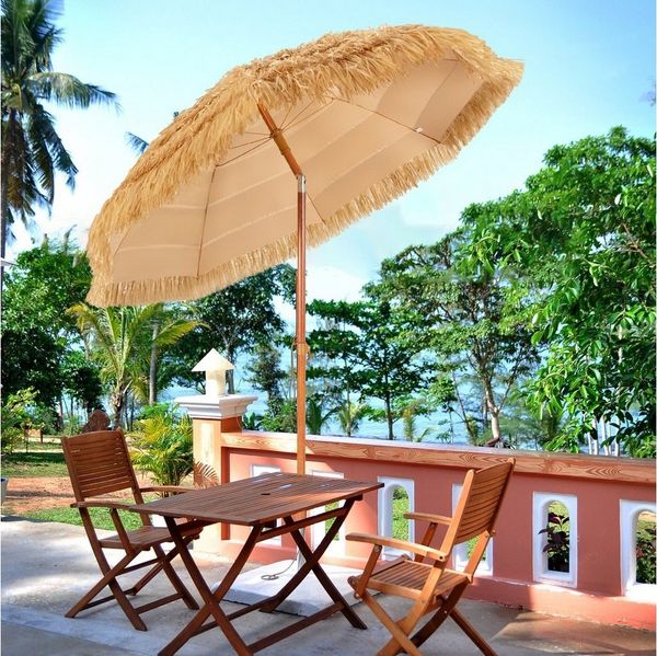 COSTWAY Sonnenschirm, LxB: 175,00x175,00 cm, Strandschirm Reisstroh neigbar