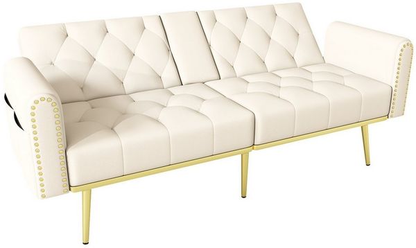 Merax Schlafsofa mit 3 verstellbaren Neigungswinkeln & ausklappbarer Liegefunktion, 2 sitzer Klappsofa Polstersofa mit bettfunktion 1 Teile, Sofa klappbar mit Getränkehalter, Zierkissen & Seitentasche, Samtbezug