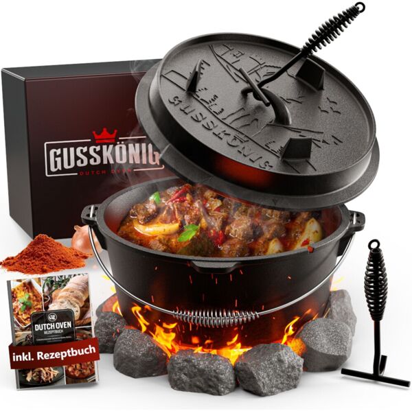 Dutch Oven 7 l mit Füßen – eingebrannt & sofort einsatzbereit, inkl. Deckelheber, Thermometerdurchführung, Rezeptbuch & Pflegeanleitung