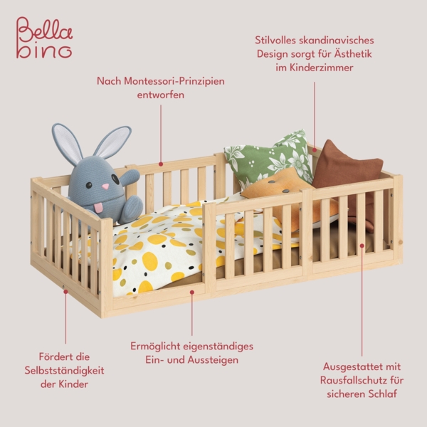 Bellabino 'Tapi' Bodenbett 80x160 cm, natur lackiert, Kiefer massiv, inkl. Lattenrost und Rausfallschutz Bild 3