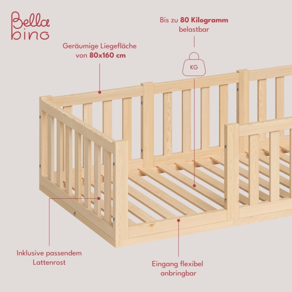 Bellabino 'Tapi' Bodenbett 80x160 cm, natur lackiert, Kiefer massiv, inkl. Lattenrost und Rausfallschutz Bild 4