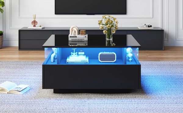 MODFU Couchtisch hochglanz Sofatisch mit LED-Beleuchtung (Beistelltisch, Wohnzimmertisch mit großen Stauraum und Schublade, 1-St, 2 Schubladen), Kaffeetisch mit Schubladen und transparentem Präsentationsbereich