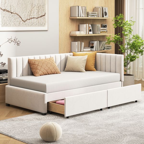 Klassisches Schlafsofa Mid-Century Design Samt Beige 90x200 cm mit 2 Schubladen Stauraum Austauschbare Rückenlehne Lattenrost Inklusive 120kg Tragkraft Elegantes Gästebett Wohnzimmer Sofa