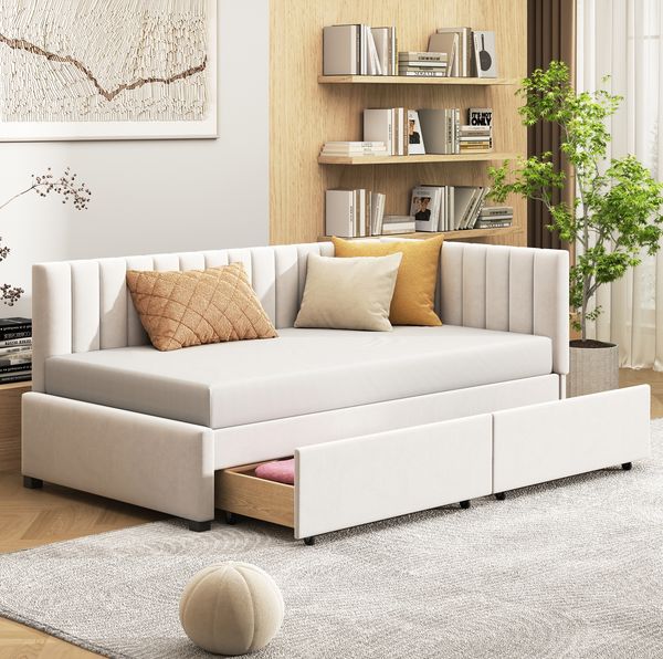 Klassisches Schlafsofa Mid-Century Design Samt Beige 90x200 cm mit 2 Schubladen Stauraum Austauschbare Rückenlehne Lattenrost Inklusive 120kg Tragkraft Elegantes Gästebett Wohnzimmer Sofa