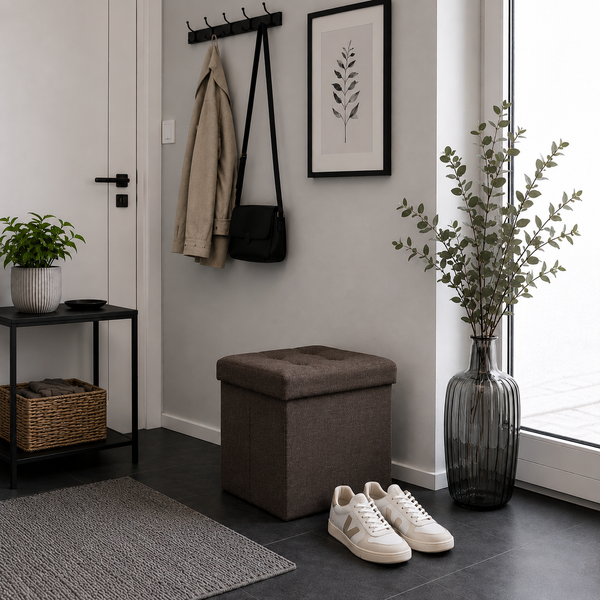 belviona Sitzhocker mit Stauraum, faltbare Sitzbox mit Leinenbezug, gepolsterte Sitzfläche & 40 l Stauraum, 38 x 38 x 38 cm, braun
