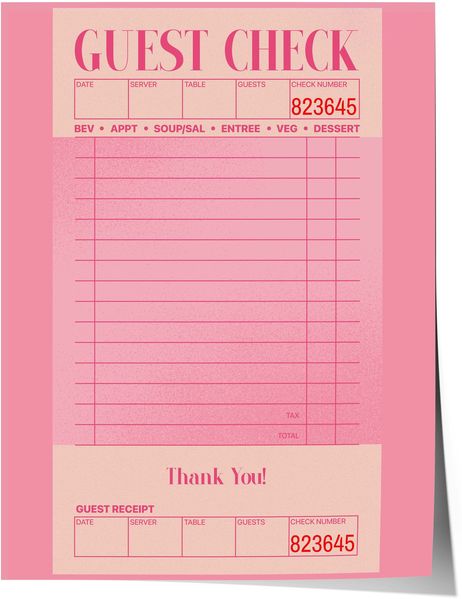 Guest Check Poster · Pink Vintage Receipt Design · Minimal Typographic Wall Art · Restaurant Aesthetic Print · Moderne Wandkunst · Print ohne Rahmen - 100x150 cm