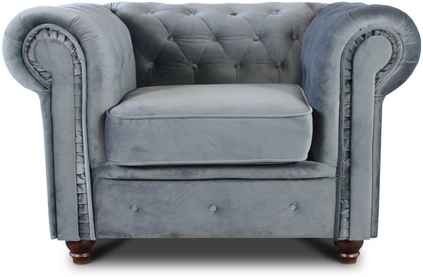 Sessel Chesterfield Asti - Couch, Couchgarnitur, Couchsessel, Loungesessel, Stühl, Holzfüße - Glamour Design, Velours (Grau (Velvet 10))