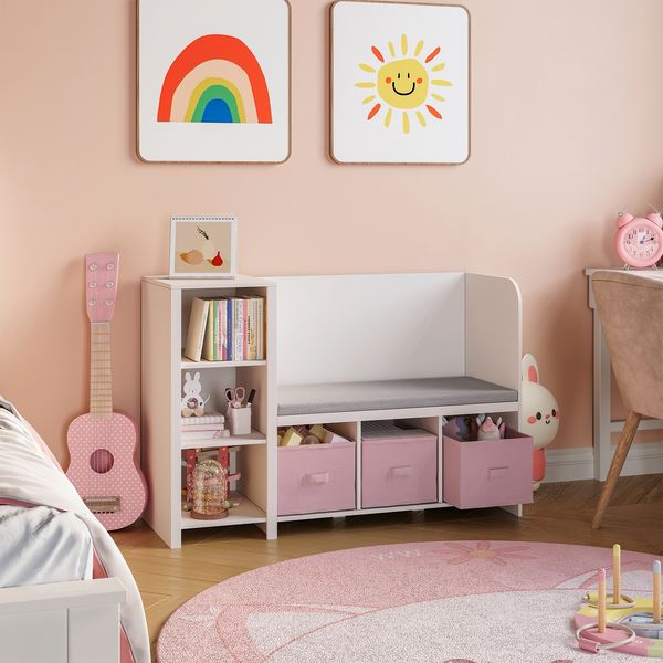 Kinderregal mit Sitzbank Høylandet 76x112x40 cm Weiß/Rosa [en. casa]