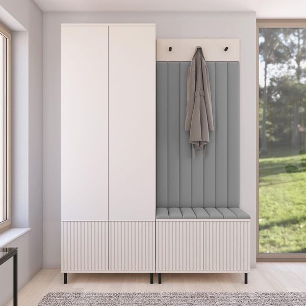 Garderoben-Set Ritmo Version 1 – gefräster Kleiderschrank mit hohen Füßen, gepolsterte Wandpaneele, Schuhschrank, für den Flur (cashmere, Trinity 14), 195 x 40 x 140 cm