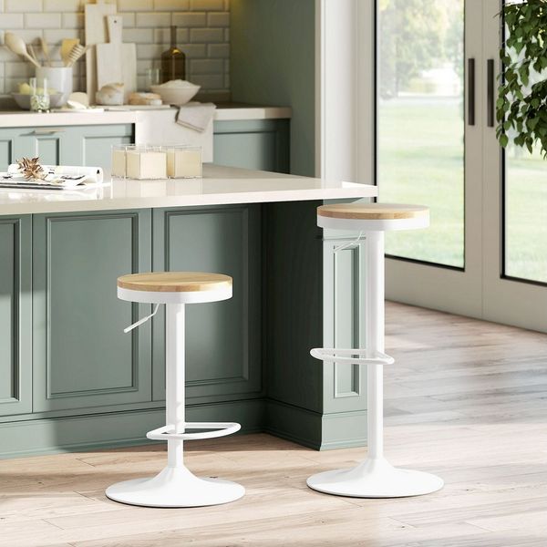HOMCOM Barhocker mit Stahlgestell, Fußstütze (360° Drehbar Küchenstühle, 2 St, Höhenverstellbar Barstuhl), für Küche, Wohnzimmer, Esszimmer Naturholz+Weiß