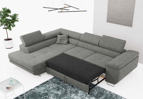 Ecksofa L-Form Couch mit Schlaffunktion und Verstellbare Kopfstützen - GUSTAW - Grau Boucle - Links Bild 2