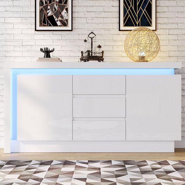 MODFU Sideboard mit LED-Ambiente – Mobile App Steuerung (Kommode, Wohnzimmermöbel, 1 St, Pflegeleichte Hochglanzoberfläche & langlebige Struktur), mit 2 Schränken & 3 Schubladen