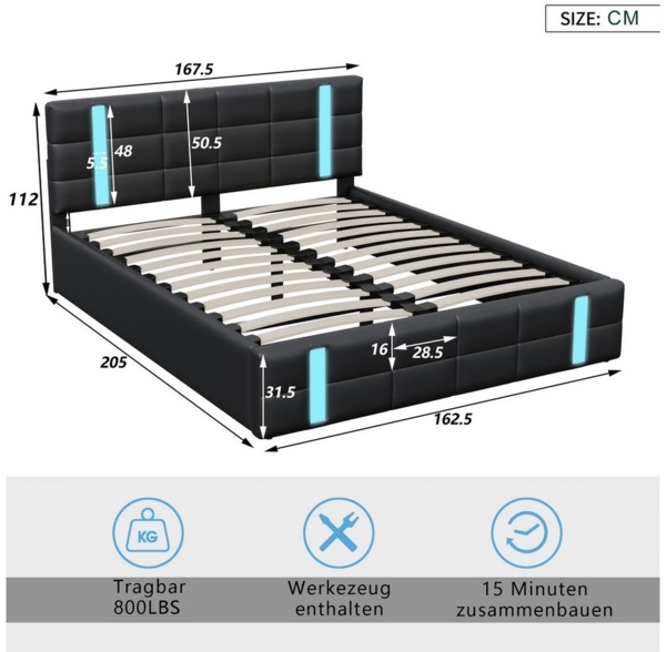 Romance Polsterbett Doppelbett Jugendbett (Hydraulisch anhebbarer Bettstauraum), Mit LED-Beleuchtung,USB & TYPE-C Anschlüsse,Kunstleder,160x200 cm Bild 2