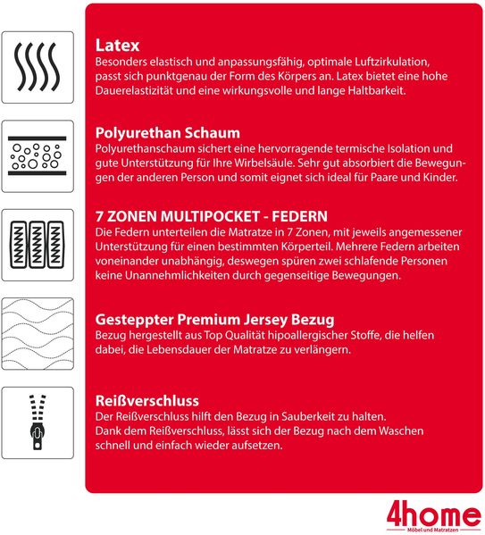 Matratze 80x200 Multipocket Taschenfederkern RIMINI 7 Zonen 19 cm H3 Latex Polyurethanschaum JERSEY Bild 9