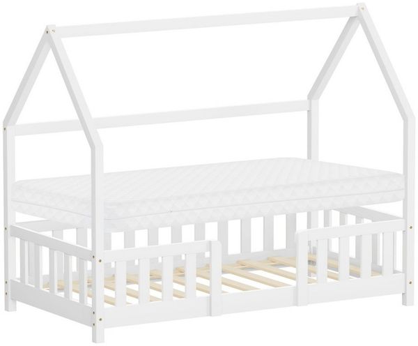 ML-DESIGN Spielbett Hausbett Kinderbett inkl. Lattenrost kreativ Bodenbett für Kinder, Abenteuerbett mit Matratze H-10 cm 80x160cm Holzbett Weiß Bettgestell