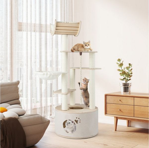 COSTWAY Kratzbaum, Katzenbaum, Kletterturm mit Höhle, Hängematte, 141cm