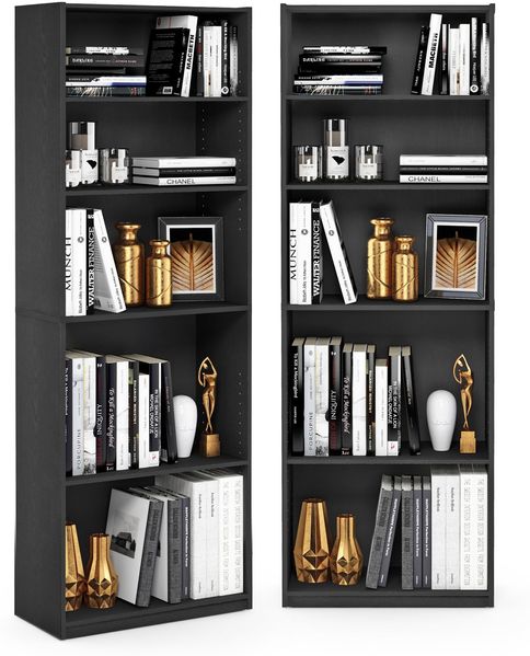 Furinno Jaya Bücherregal 2er-Set, 5-stufiges Bücherregal, mit verstellbarem Einlegeboden, 24.13 x 62.23 x 180.34 cm, für Homeoffice, Wohnzimmer, Schwarz