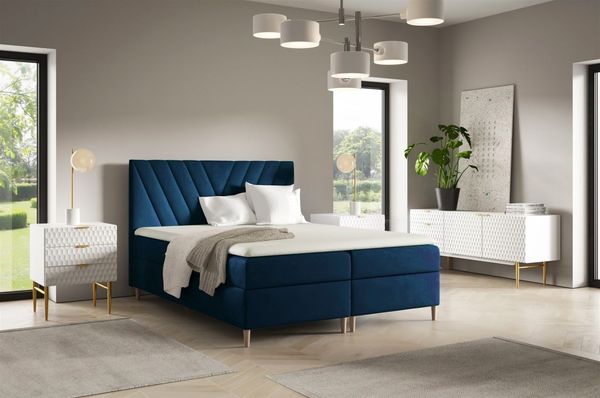 Boxspringbett Schlafzimmerbett ESPEN 140x220cm in Stoff Fresh Dunkelblau