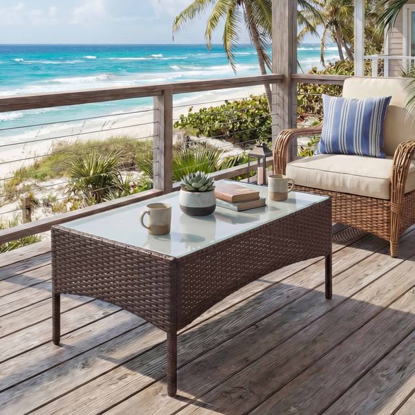 Poly-Rattan Gartentisch Halden, Beistelltisch Tisch mit Glasplatte ~ braun-meliert