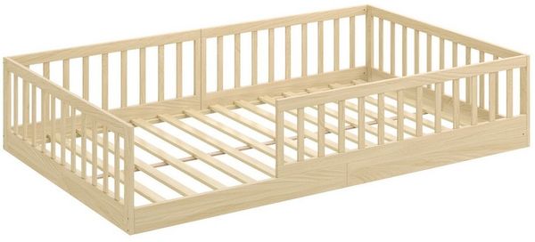 CADANI Kinderbett Timi Bodenbett bis 200 kg belastbar mit abnehmbarem Rausfallschutz (120x200 cm, Montessori Kinder- & Jugendbett aus Kiefer Massivholz), inkl. stabilem Roll-Lattenrost, Natur