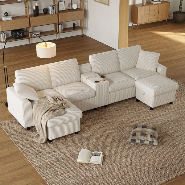 U-förmiges Sofa mit Stauraum Hocker Ladefunktion USB/Type-C Steckdosen,Wohnzimmer Cord-Sofa Beige